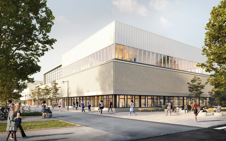 Framtida Vällingby sim- och idrottshall sedd utifrån, visionsbild.